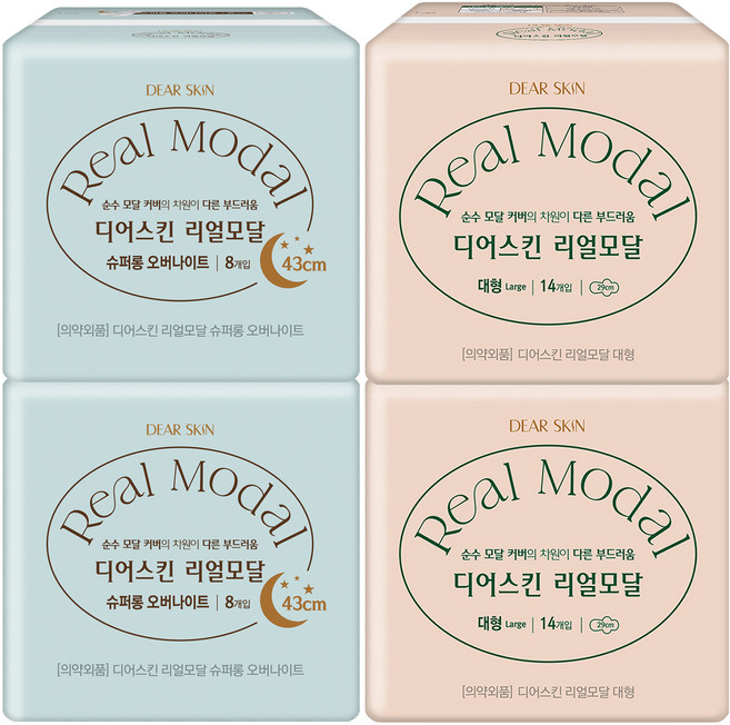 디어스킨 리얼모달 생리대 날개형 대형 28p + 슈퍼롱 오버나이트 16p, 1세트