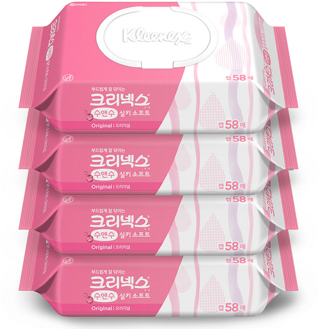 크리넥스 수앤수 실키 소프트 오리지널 물티슈 캡형, 43g, 58개입, 4개