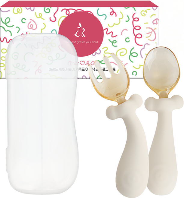 아띠래빗 360도 휘어지는 자기주도 이유식 스푼 포크 + 케이스 세트, 푸딩크림, 1세트