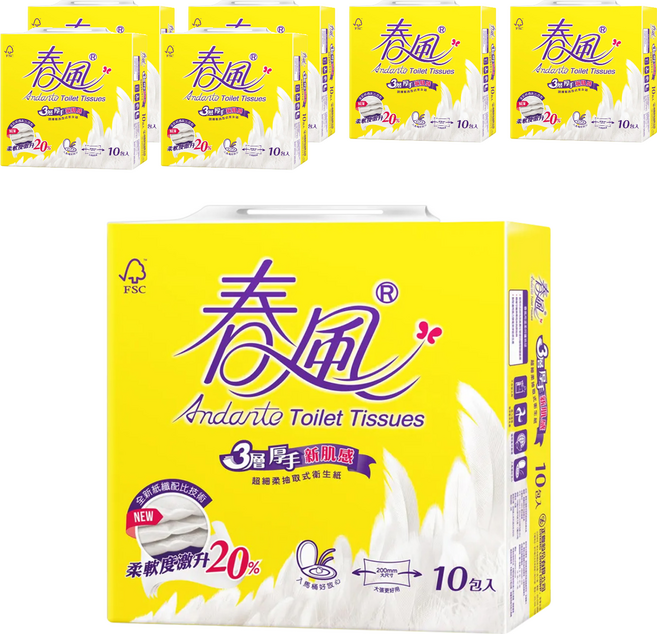 春風 三層厚手抽取衛生紙, 10包, 7袋