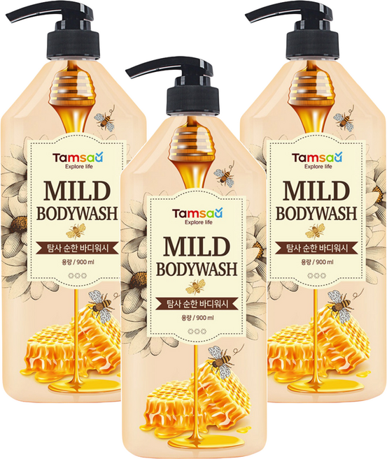 Tamsaa 溫和沐浴露 蜂蜜&嬰兒爽身粉香, 900ml, 3瓶