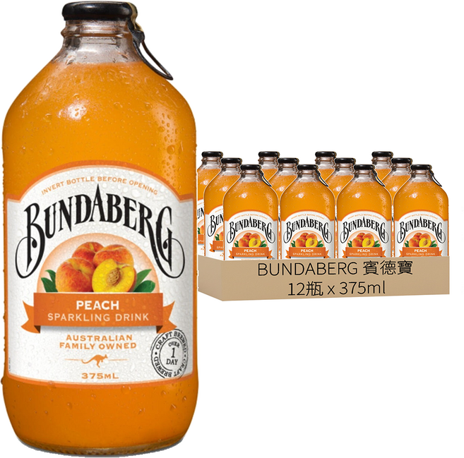 BUNDABERG 賓德寶 蜜桃風味氣泡飲, 375ml, 12瓶