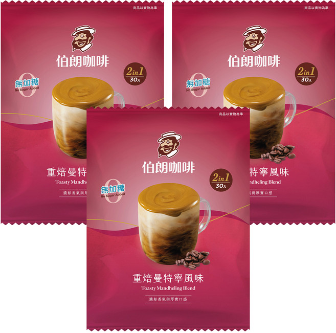 金車 MR.BROWN 伯朗咖啡 2合1即溶咖啡 重焙曼特寧無糖, 10.5g, 30包, 3袋