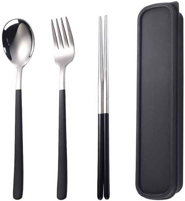 歐風便攜餐具 筷叉勺三件組 D064, 黑銀, 1組, 收納袋 + 收納盒 + 筷子 + 餐叉 + 湯匙