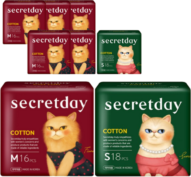 시크릿데이 코튼 생리대 중형 48p + 소형 18p 세트 날개형, 2세트