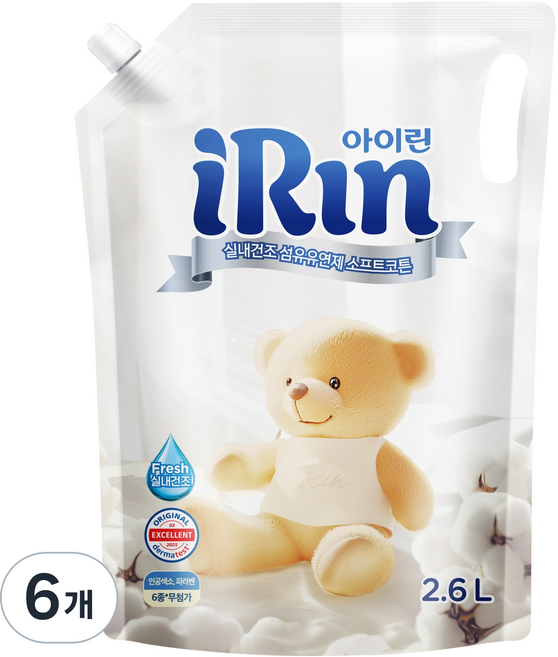 아이린 실내건조 섬유유연제 소프트코튼 리필, 2.6L, 6개