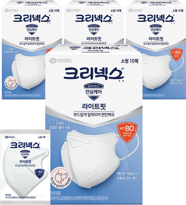 크리넥스 라이트핏 입체형 마스크 베이직 소형 KF80, 10매입, 4개, 흰색