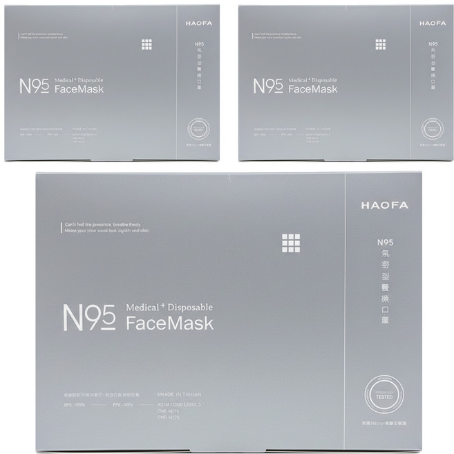 HAOFA N95立體醫療口罩 氣密型 S, 3組, 純白色灰耳版, 30片