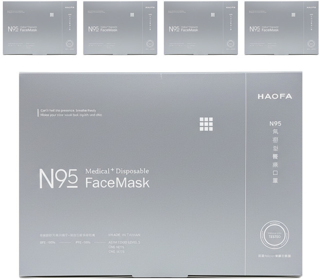 HAOFA N95立體醫療口罩 氣密型 S, 5組, 純白色灰耳版, 30片