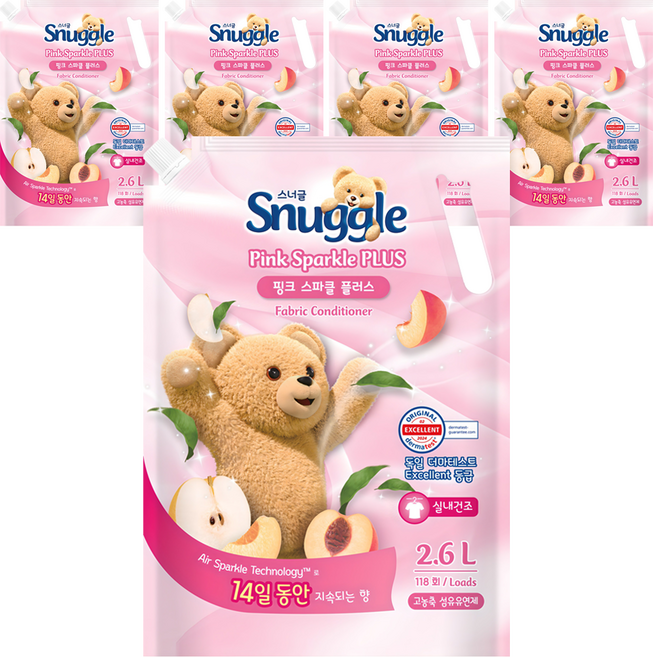 스너글 실내 건조 섬유유연제 핑크 스파클 플러스 리필, 2.6L, 5개