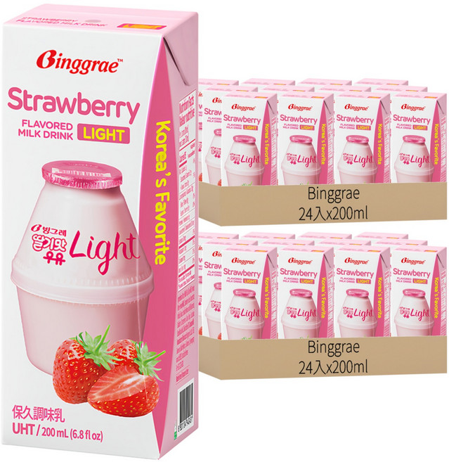 Binggrae light 草莓風味保久調味乳, 200ml, 48入