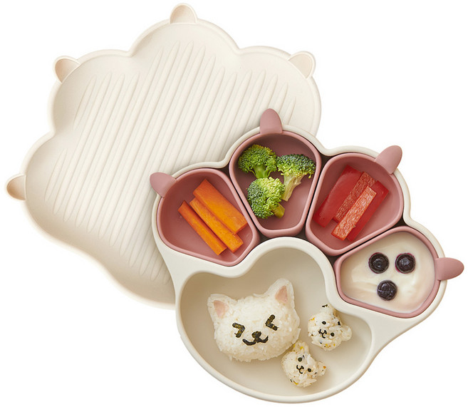 퍼기 유아용 냥냥 흡착 식판 + 뚜껑 겸용 플레이트 세트, 드라이로즈(식판), 아이보리(접시), 식판 + 접시, 1세트