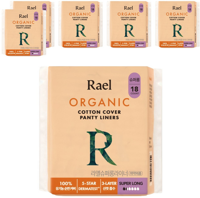 라엘 유기농 순면커버 팬티라이너, 슈퍼롱, 18개입, 6개
