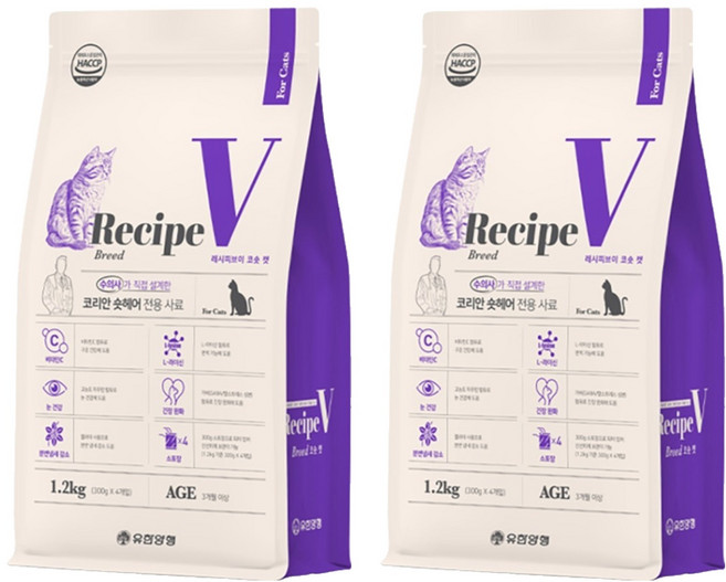 유한양행레시피브이 고양이 처방식사료, 코리안숏헤어, 1.2kg, 2개