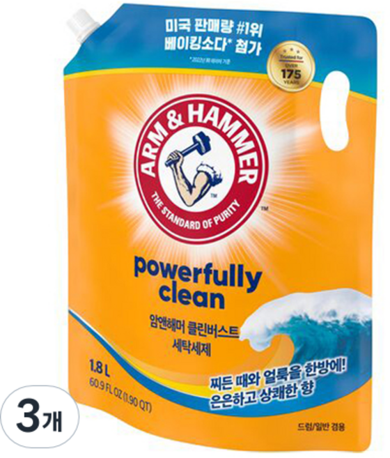 암앤해머 클린버스트 상쾌한 향 액상세제 리필, 1.8L, 3개