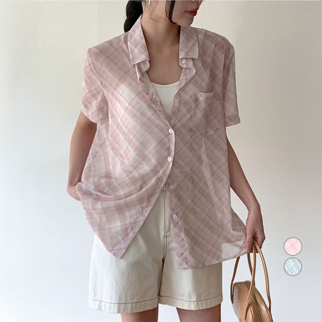 아피나르 여성용 시어한 투명 수채화 체크 반팔 셔츠