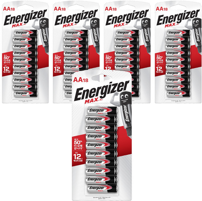 에너자이저 알카라인 맥스 AA 건전지, 18개입, 5개