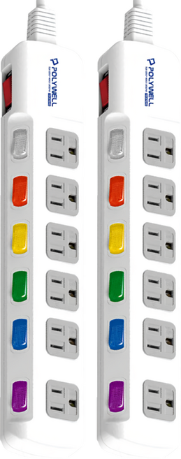 POLYWELL 寶利威爾 3孔電源延長線7切6座 pw15-t05-b030, 180cm, 白色 + 灰色 + 霓虹色, 2個