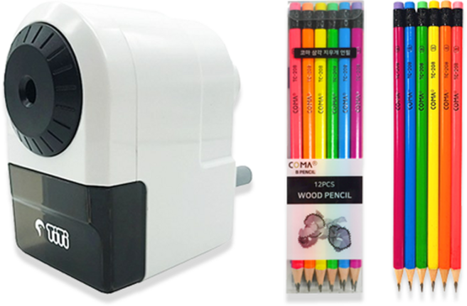 티티 미술용 5단 심조절 연필깎이 + 투코비 코마 삼각 지우개 연필 TC-208 6종 x 2p 세트, 화이트(연필깎이), 1세트