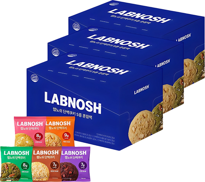 Labnosh 綜合蛋白質餅乾組 雙重巧克力口味 40g 2包+白巧克力橘子口味 40g 2包+杏仁果綠茶口味 40g 2包+花生奶油口味 40g 2包, 3盒, 400g