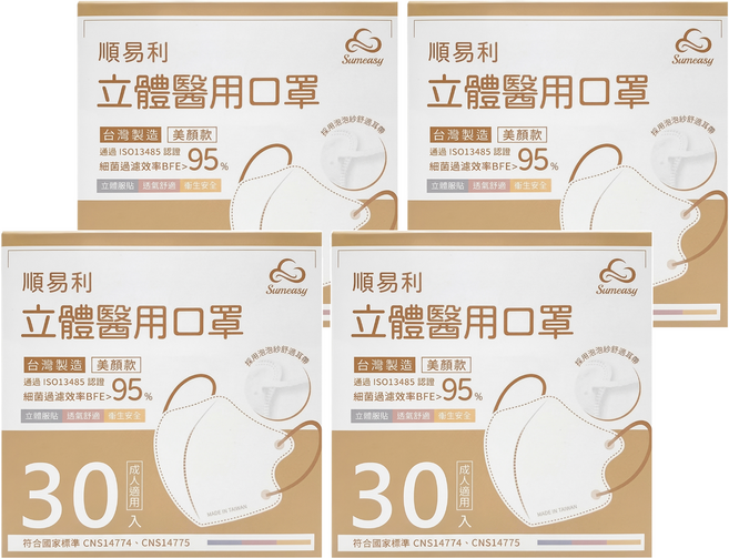 順易利 成人立體醫用口罩 美顏款 M, 白色, 30片, 4盒