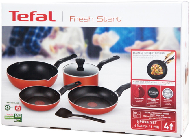 Tefal 特福 波爾多系列 不沾鍋具組 6入, 26公分萬用鍋 + 20公分煎鍋 + 24公分煎鍋 + 18公分單柄鍋含蓋 + 鏟子, Red, 1組