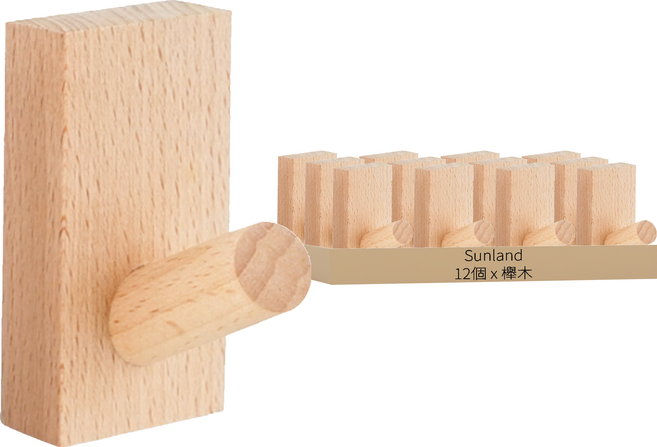 Sunland 北歐實木簡約掛鉤 櫸木 附4組螺絲組 2個 8 x 4 x 6cm 100g, 6組