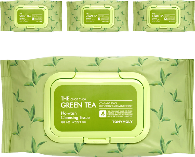 TONYMOLY The Chok Chok 綠茶免沖洗卸妝濕紙巾, 1入, 4包