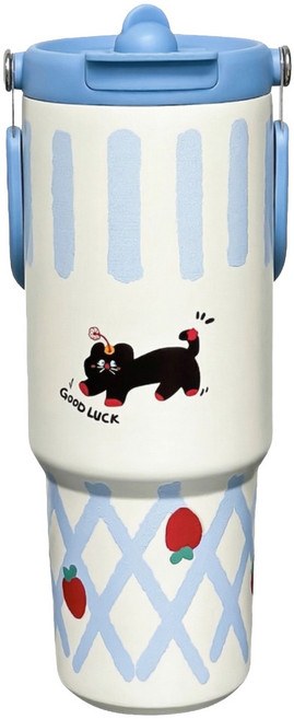 大容量可手提雙飲保溫杯, 黑色小貓, 900ml, 1個