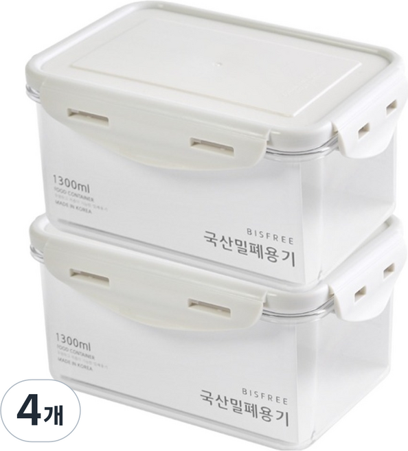 QUIDNOVI 국내산 직사각 밀폐용기 화이트, 4개, 1.3L