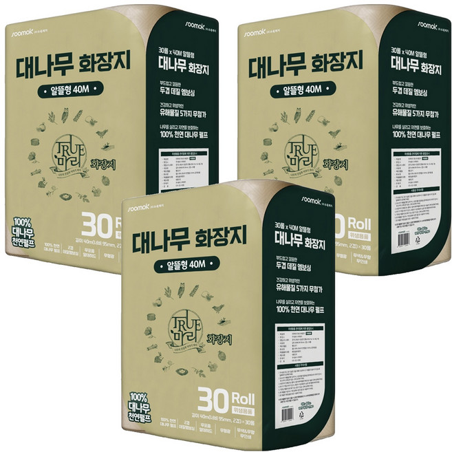 수목제지 2겹 대나무 화장지, 40m, 30롤, 3개