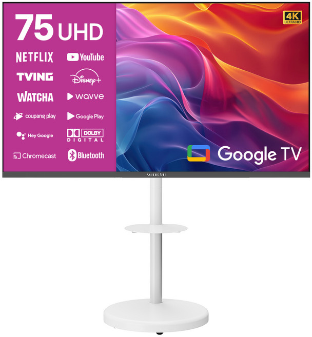 와이드뷰 4K UHD 구글5.0 스마트 TV + 이동식 화이트 스탠드, 190cm(75인치), WGE75UT1, 스탠드형, 방문설치