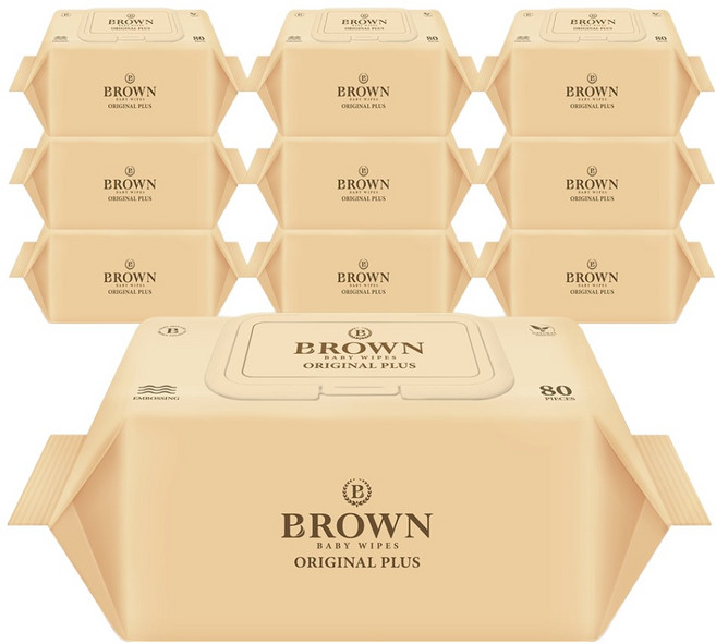 브라운 오리지널 플러스 도톰한 엠보싱 저자극 아기 물티슈 캡형, 55g, 80매, 10개