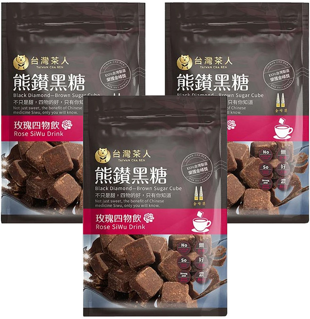 台灣茶人 熊鑽黑糖磚 玫瑰四物飲 獨立包裝 方便攜帶, 136g, 3袋, 1袋