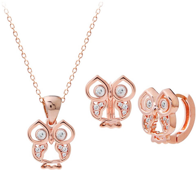 미니아트 여성용 14K 골드핀 부엉이 귀걸이 RS303 + 목걸이 RS304 + 케이스 S132 세트 + 쇼핑백