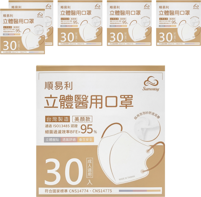 順易利 成人立體醫用口罩 美顏款 M, 白色, 30片, 6盒