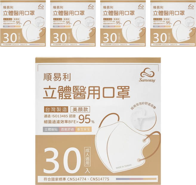 順易利 成人立體醫用口罩 美顏款 M, 白色, 30片, 5盒