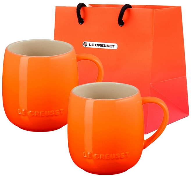 르크루제 레인보우 마시멜로 머그컵 380ml x 2p + 쇼핑백 S, 주황, 1세트