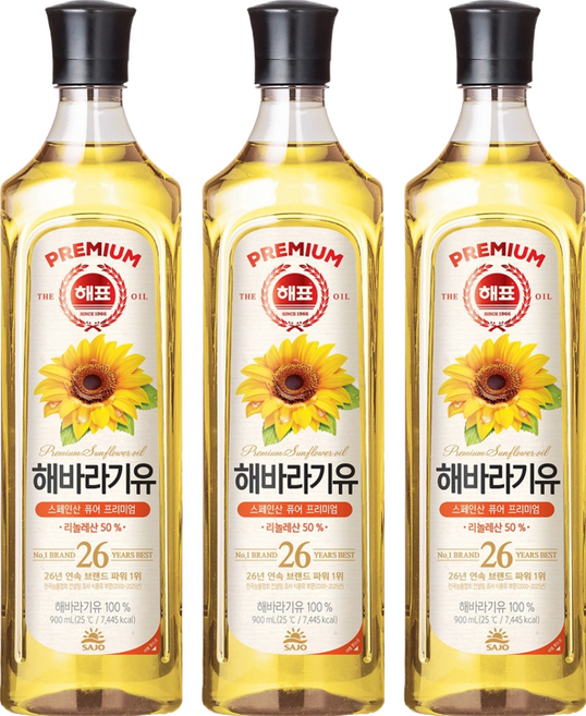 해표 해바라기유, 900ml, 3개