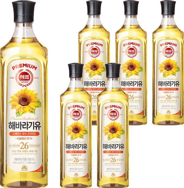 해표 해바라기유, 6개, 900ml