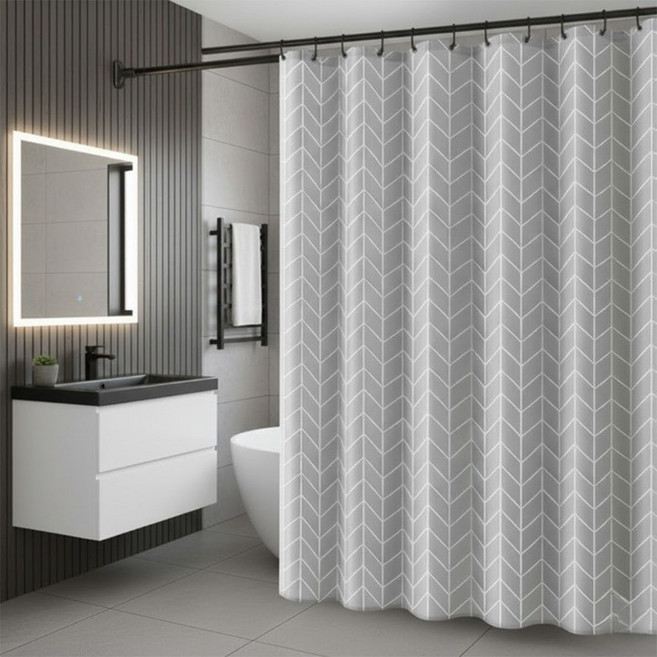 애니원픽 모던 방수 욕실 체크 샤워커튼 + 커튼링 세트, 그레이 체크, 1세트