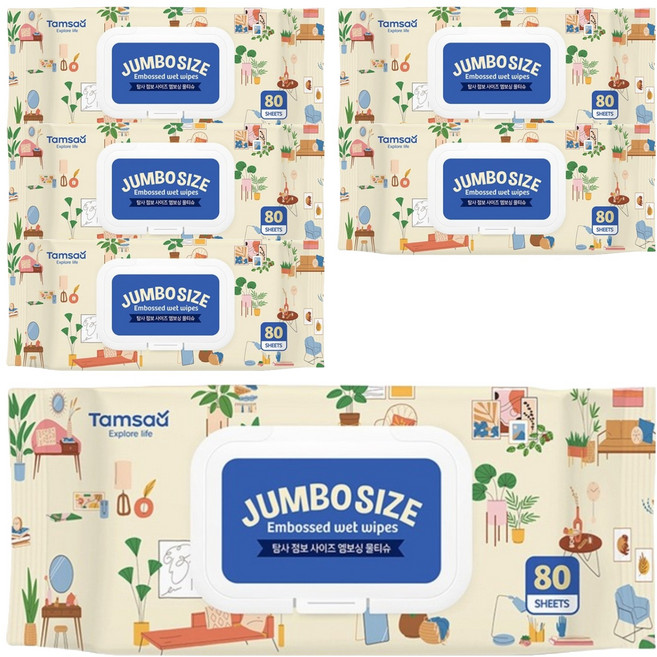 Tamsaa 加大加厚壓紋濕紙巾 掀蓋式, 1入, 6包