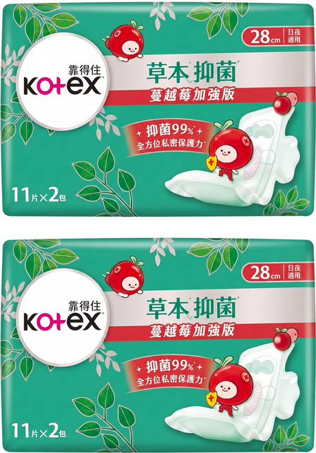 Kotex 靠得住 草本抑菌蔓越莓加強版衛生棉 日夜適用, 28cm, 22片, 2包