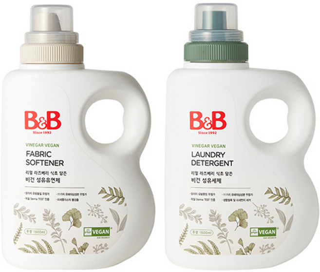 비앤비 유아 비건 섬유유연제 1.5L + 섬유세제 1.5L 무향 본품, 1세트 - 쿠팡