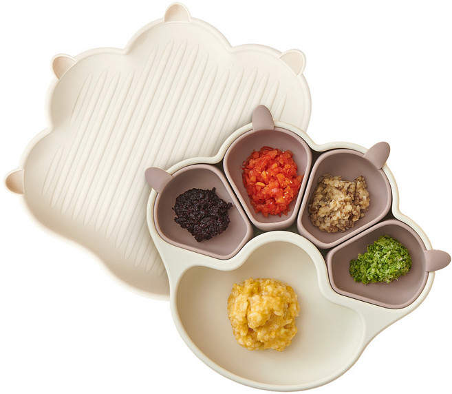 퍼기 유아용 냥냥 흡착 식판 세트, 브라운 + 아이보리, 식판 + 디바이더볼, 1세트