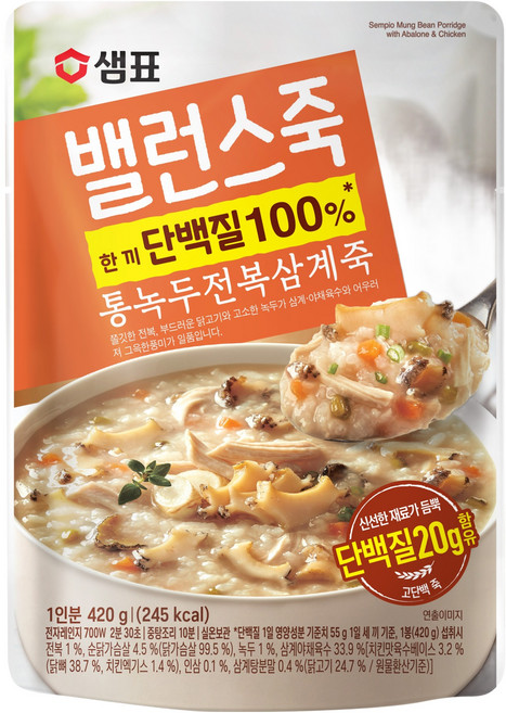 샘표 밸런스죽 통녹두 전복 삼계죽, 420g, 1개