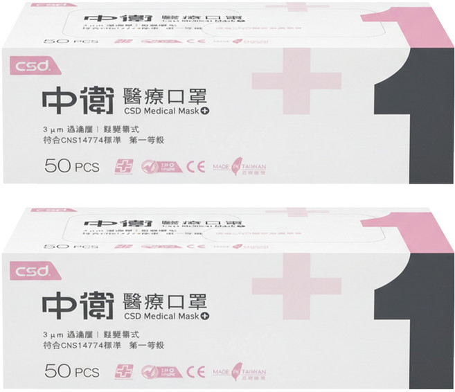 CSD 中衛 成人一級醫療口罩, 粉色, 50片, 2盒