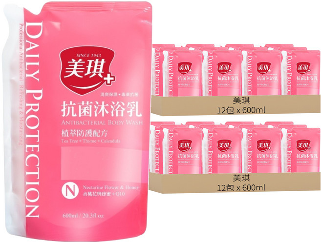 美琪 抗菌沐浴乳補充包 杏桃花與蜂蜜 + Q10, 600ml, 24包