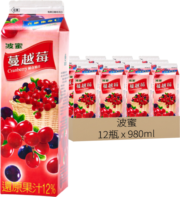 波蜜 蔓越莓, 980ml, 12瓶
