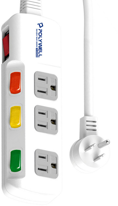 POLYWELL 寶利威爾 3孔電源延長線4切3座, 9尺, 白色, 1個